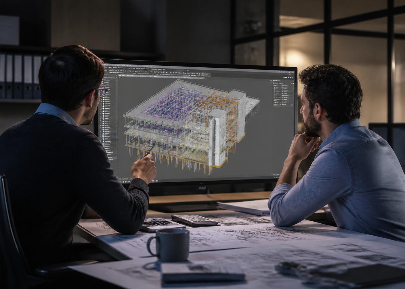 Profissionais coordenando um modelo BIM federado em tela grande